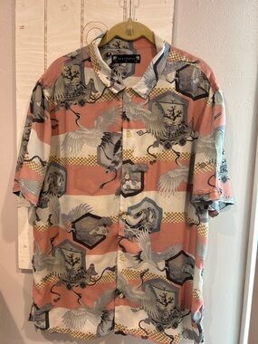 All Saints Men’s Coral & Cream Crane Print Button-Up Shirt